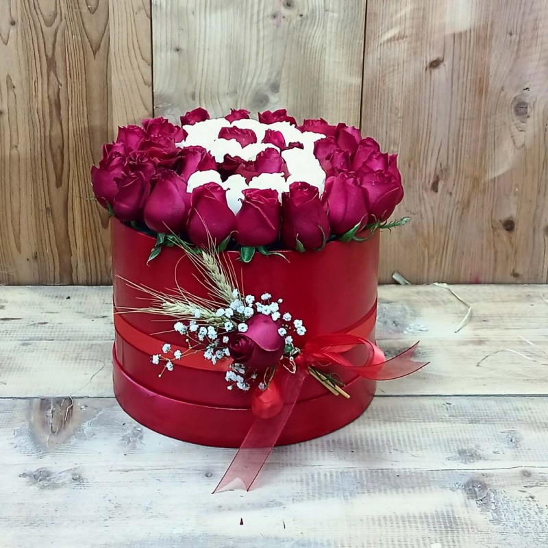 Red and White Rose in Red Cylinder Box